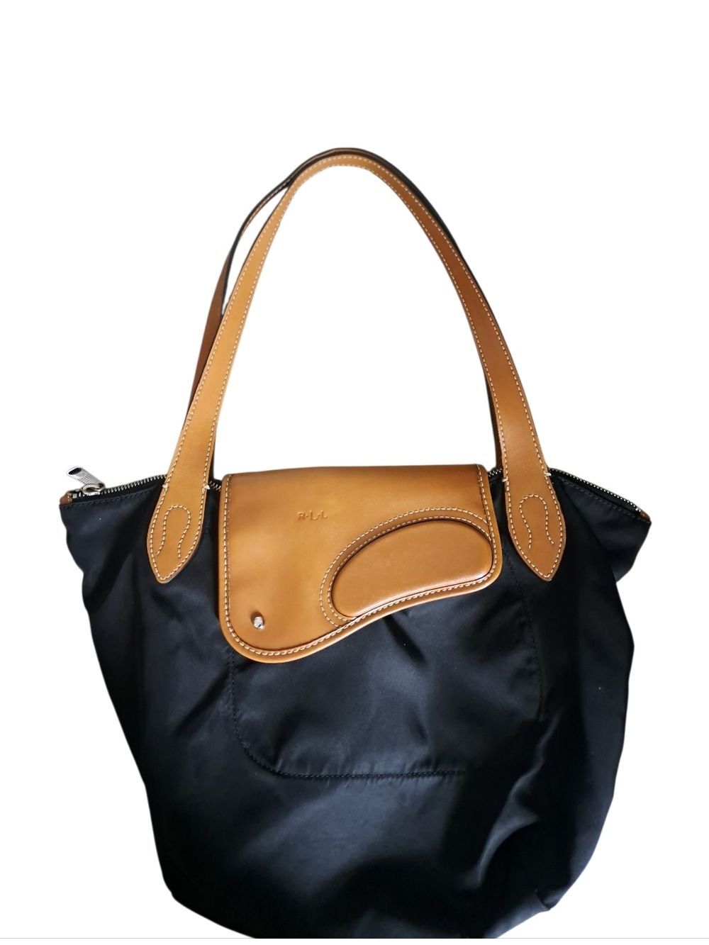 R.L.L RALPH LAUREN Black Nylon Leather purse Packable travel tote minimalistic